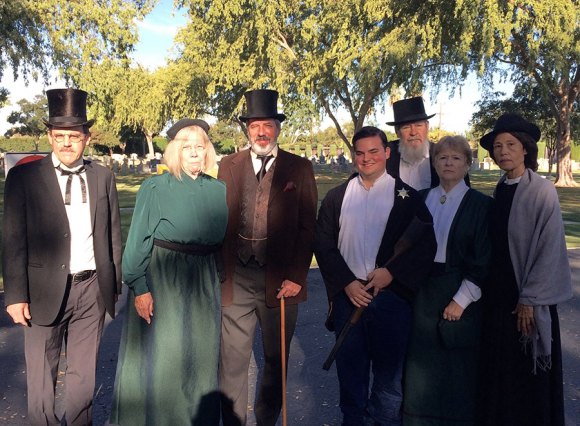 Sarah Mooney Museum's Living History figures: Aaron and Sara Mooney, Robert Armstrong, Oscar Beaver, Granville Follett, Emma Fox, and Rosina Byron.